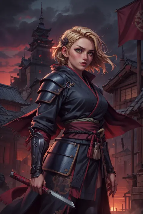 (masterpiece ,high quality, best quality, detailed), hd, perfect lighting, <lora:add_detail:0.8>,
<lora:GoodHands-beta2:0.8>,
1 girl, adult (elven:0.7) woman, freckles, amber eyes, light blonde wedge cut hair, ombre,
solo, from front, front view, half shot, looking at viewer, detailed background, detailed face, (<lora:ShinobiTech:0.6>, neon lights, shinobi, shinobitech theme:1.1), protector, guarding, stoic, shield, leather armor, coat of arms, dark blue banner, castle in background, wind blowing, sunset, medieval atmosphere,