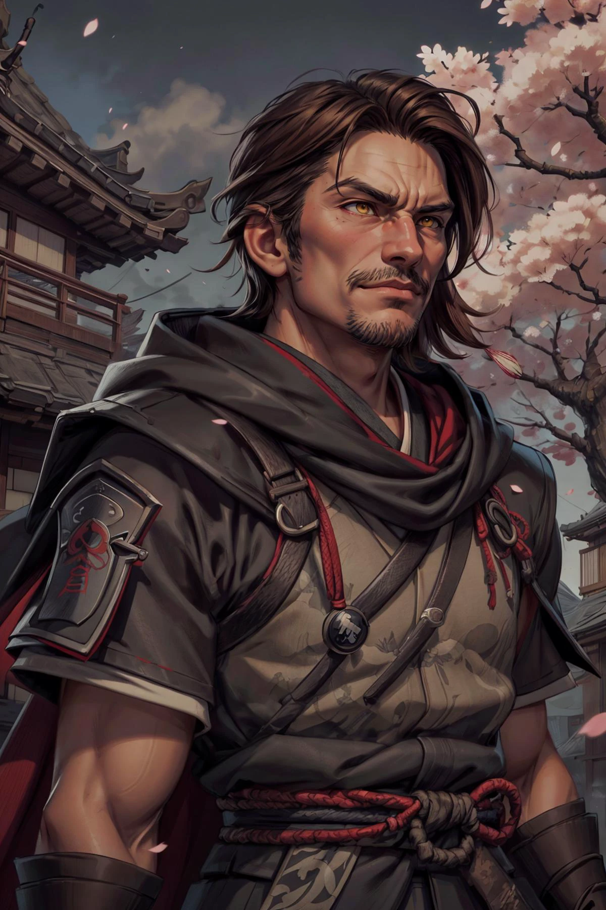 (masterpiece ,high quality, best quality, detailed), hd, perfect lighting, <lora:add_detail:0.8>,
<lora:GoodHands-beta2:0.8>,
(1man, masculine adult german male:1.2), yellow eyes, medium brown hair, straight hair,
looking away, solo, upper body, detailed background, <lora:SamuraiPunkAIv3:0.6>, SamuraiPunkAI, cherry blossom trees, japanese town, samurai theme, smirking, assassins creed, assassin, black elaborate assassin clothes, hood, cape, leather pouches, rebel, dynamic pose, street in background, floating particles, wind,