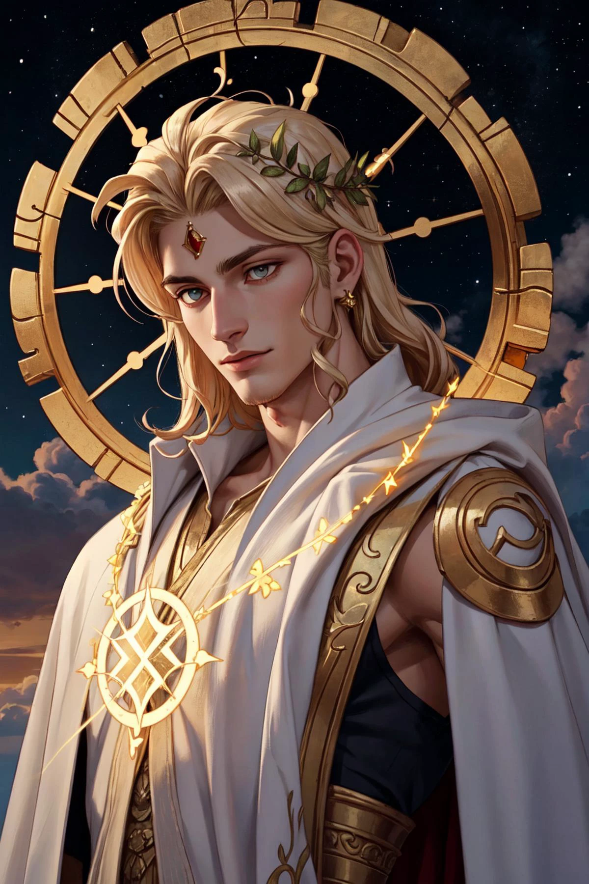 Picture of noir-inspired portrait of Apollo the luminous Greek God of light and prophecy, cloaked in light, aura of divine mystery and power, a laurel wreath, highlighting his Olympian heritage, eyes glow with cosmic wisdom and piercing the darkness, secrets of the universe, his robe is woven from celestial threads, fabric sun and clouds, casts a mesmerizing glow, harmoniously, divine brilliance, celestial majesty, styles of Sporin and Lacoste