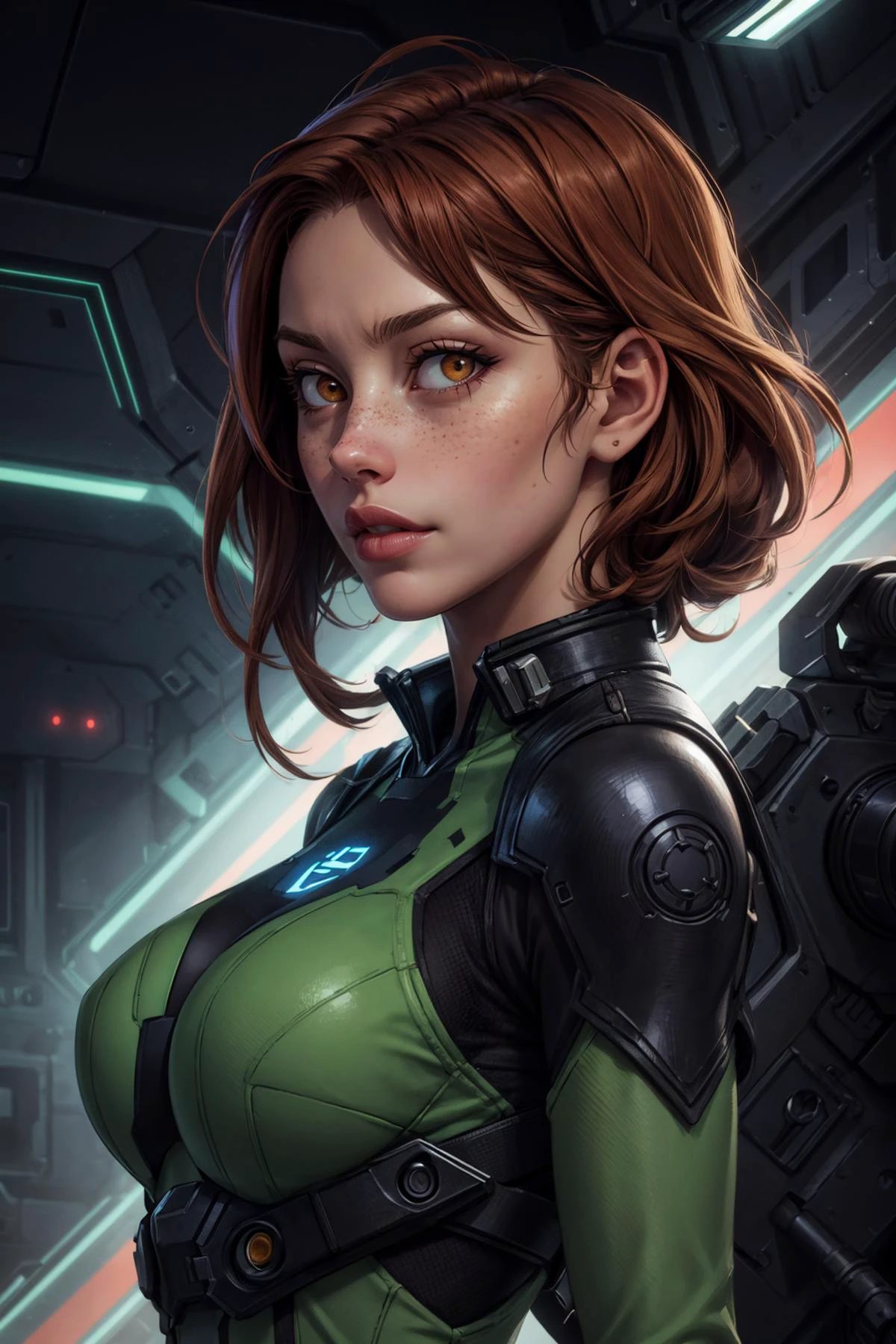 (masterpiece ,high quality, best quality, detailed), hd, perfect lighting, <lora:add_detail:0.8>,
<lora:GoodHands-beta2:0.8>,
1 girl, adult (elven:0.7) woman, freckles, brown eyes, ginger textured hair,
Style-GravityMagic, portrait, solo, from front, front view, upper body, looking at viewer, detailed background, detailed face, (occult, dark cultist theme:1.1), futuristic trooper, sniper, wearing green nano-suit, techwear, dirt, high-power weapon, laser sights, insignia, stoic, taking cover, glowing lights, cyberspace in background, bloom, intense atmosphere,