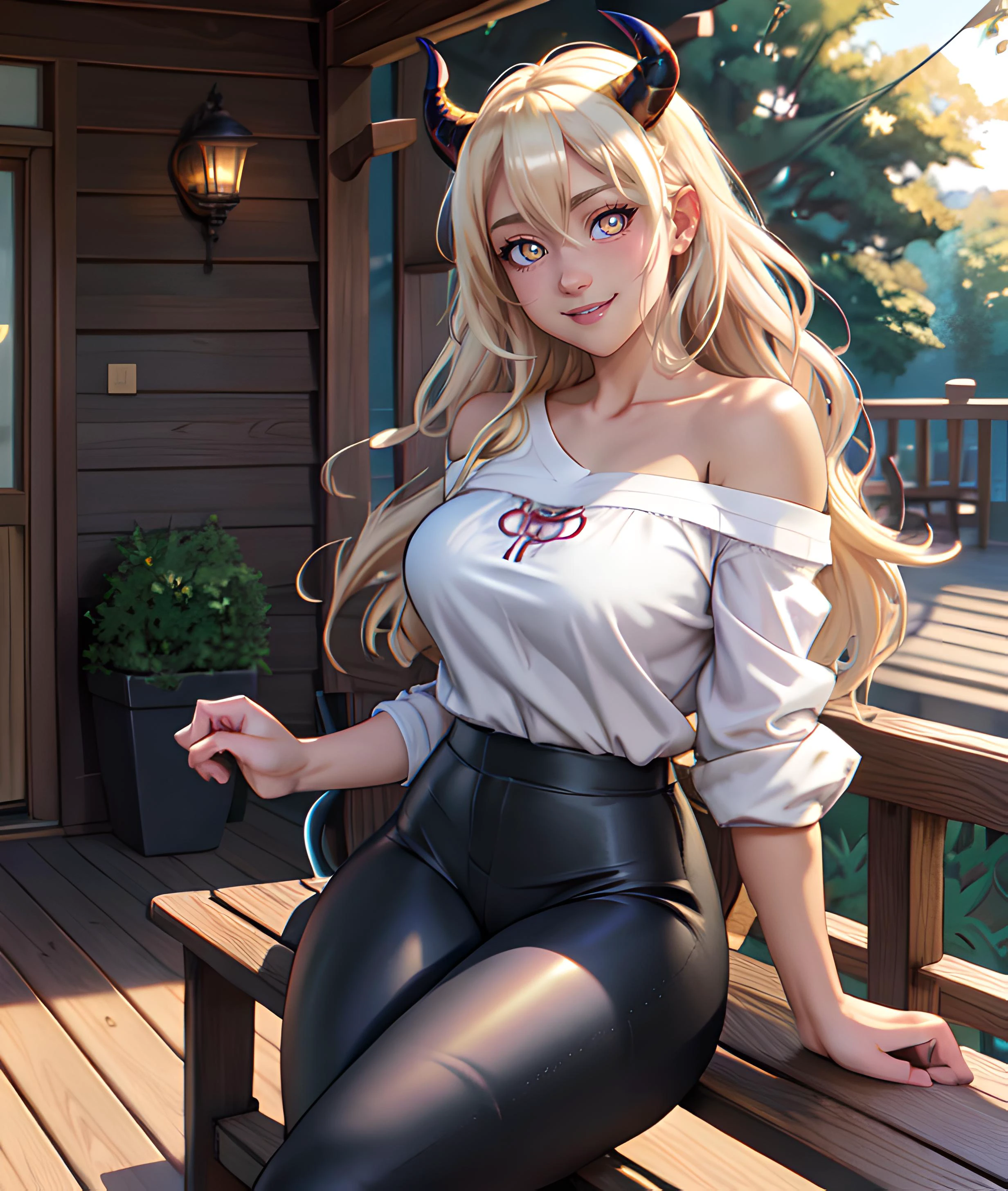 anime, moe, cute, soft lighting, well lit, vivid color,
masterpiece, best quality, curvy, shiny skin, 1girl, demon horns, hazel eyes, detailed hair, long platinum blonde hair,
detailed pupils, light smile, looking at viewer,
casual, off shoulder shirt, baggy shirt, black leggings,
sitting, bench, porch, cowboy shot