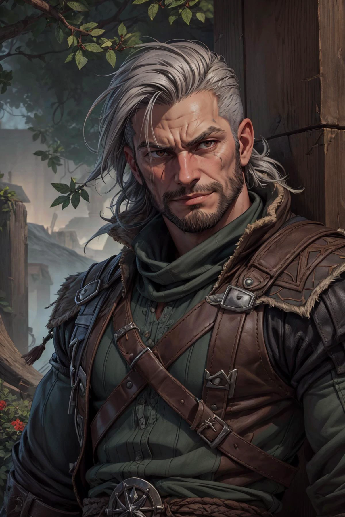 (masterpiece ,high quality, best quality, detailed), hd, perfect lighting, <lora:add_detail:0.8>,
<lora:GoodHands-beta2:0.8>,
(1man, muscular adult male:1.2), brown eyes, gray hair, taper fade,
portrait, (bloody scars:0.7), looking down, solo, upper body, detailed background, norse tribal clothing, nature, evergreens, Scandinavia, norse viking theme, smirking, assassins creed, hired assassin, gray assassin clothes, leather pouches, small knives, revolutionary, dynamic pose, fighting, secret passage in background, wind,