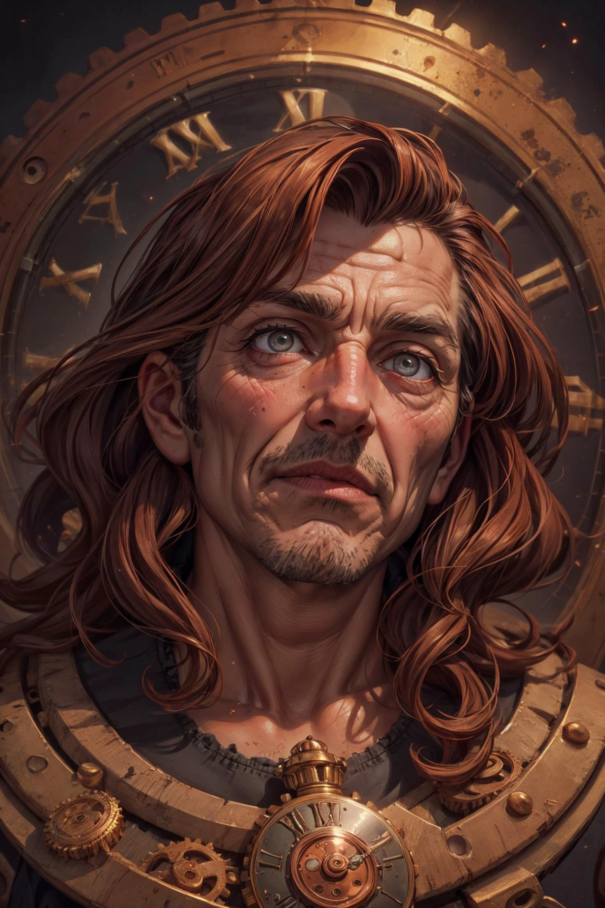 (masterpiece ,high quality, best quality, detailed), hd, perfect lighting, <lora:add_detail:0.8>,
<lora:GoodHands-beta2:0.8>,
(1man, wrinkled face, old italian male:1.2), frail, grey eyes, copper hair, mutton chops,
portrait, solo, half shot, looking up, detailed background, detailed face, (occult, cultist theme:1.1) (master of time:1.1), mesmerizing, circular patterns, clock, clockwork, clock gears, sands of time, energy, dynamic pose, desert dunes in background, ethereal atmosphere,