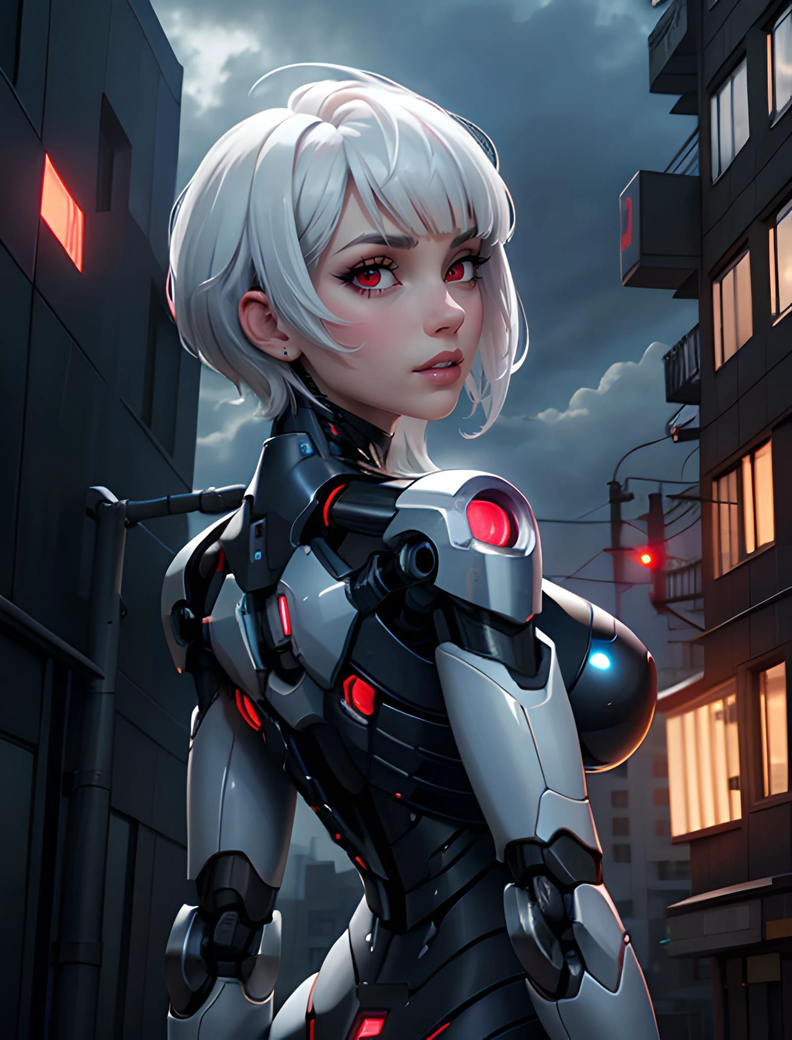 building,window,eyelashes,back,joints,red eyes,divineelegancemix,self-upload,glowing,cloud,mechanical parts,solo,looking at viewer,troubledarkness,looking back,standing,from behind,lips,upper body,cityscape,bangs,parted lips,robot joints,short hair,city,white hair,highres,science fiction,1girl,mechanical arms,sky,cyborg,sidelocks,non-web source