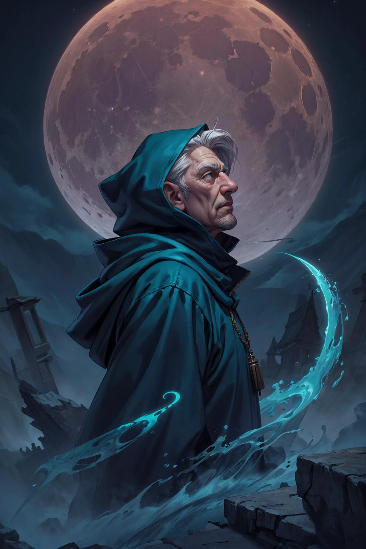 (masterpiece ,high quality, best quality, detailed), hd, perfect lighting, <lora:add_detail:0.8>,
<lora:GoodHands-beta2:0.8>,
(1man, wrinkled face, old male:1.2), teal eyes, gray hair, long hair,
(style-swirlmagic:0.8), solo, from side, side view, (full body:0.6), detailed background, detailed face, (high fantasy medieval theme:1.1), glowing eyes, priest of the moon, white hair, ethereal glowing hair, black hooded lunar priest clothes, magical moon talisman, crescent moon tattoos, moonlit sky, calm before the storm, ancient lunar temple in background, dark atmosphere,