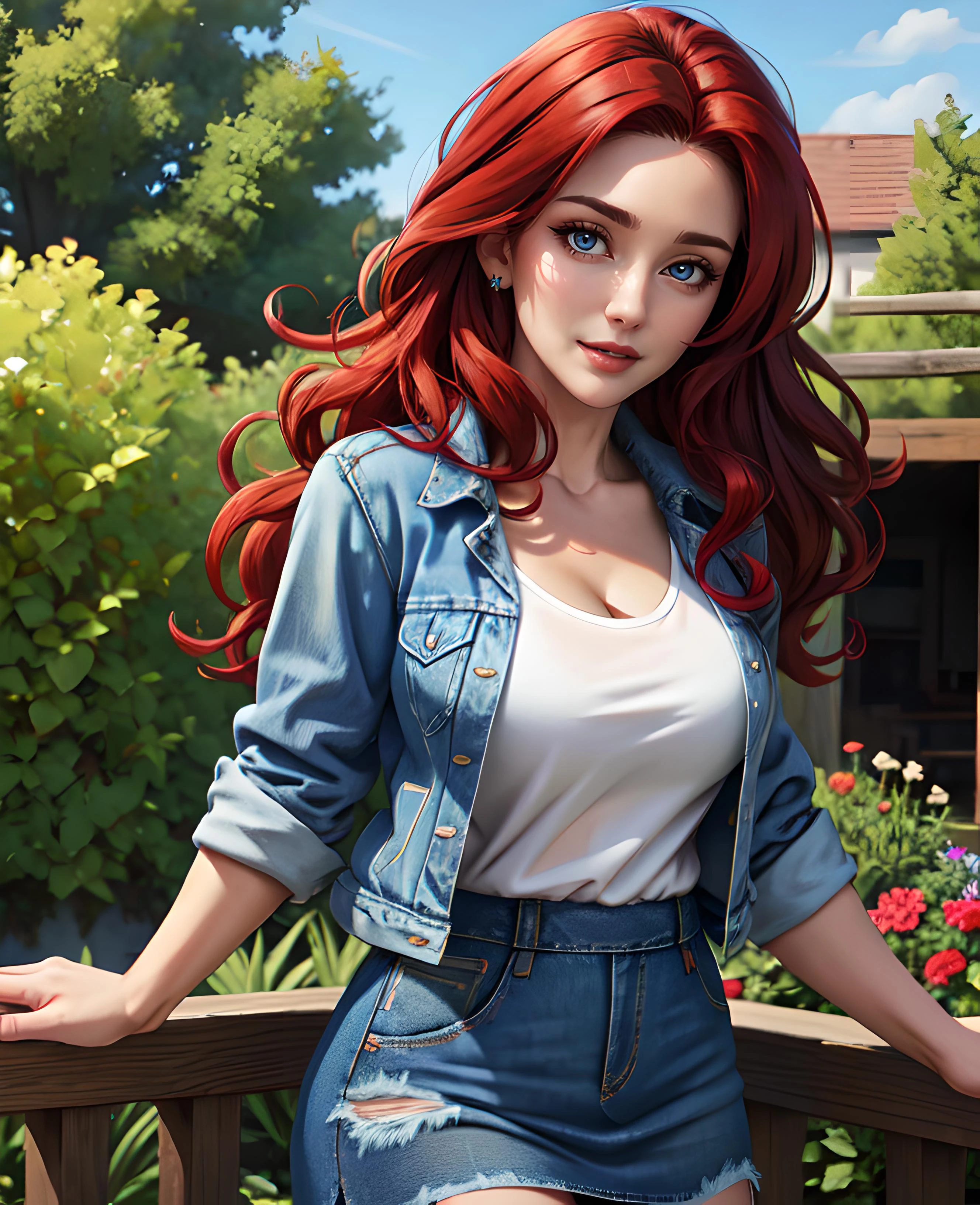 (mature woman:1.4), solo, Long curly hair, detailed eyes, open neckline, ((masterpiece)), (high quality), (best quality), (detailed), hd, perfect lighting, detailed face, detailed body
BREAK
red hair
BREAK
garden, sunshine,
(wearing Blue denim jacket with a white t-shirt and printed skirt ):1.4,
<lora:add_detail:0.8>