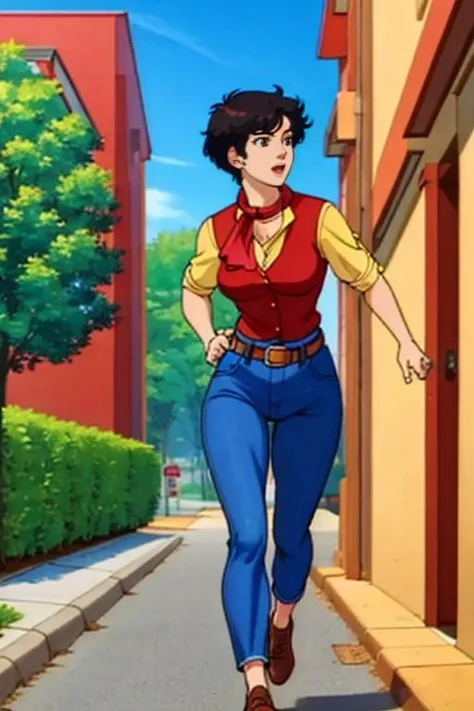 <lora:TessDarrett:0.8> TessDarrett,red ascot, black hair, blue jeans, medium breasts, SFW, running on the sidewalk, (best quality, perfect quality),