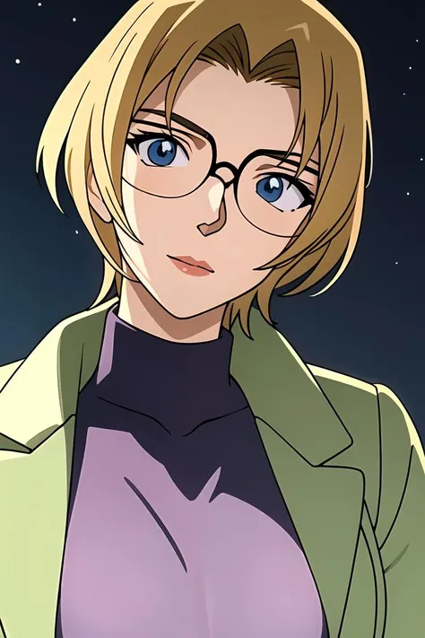 ((masterpiece)),((best quality)),ultra-detailed,illustratio,((masterpiece)),((best quality)),ultra-detailed,illustratio,outdoor,Jodie Starlin,1girl,solo,weapon,glasses,night,
handgun,short hair,blonde hair,sky,night sky,coat,turtleneck,blue eyes,wallpaper,Beautiful body,Beautiful Nose,Beautiful character design,perfect eyes,perfect face,ultra highres,4K,(Beautiful, large breasts:1.2),(beautiful face:1.2),(narrow waist),shiny skin,official style,anime screencap,full body,anime coloring,meitantei conan,<lora:Jodie Starlin:0.7>,