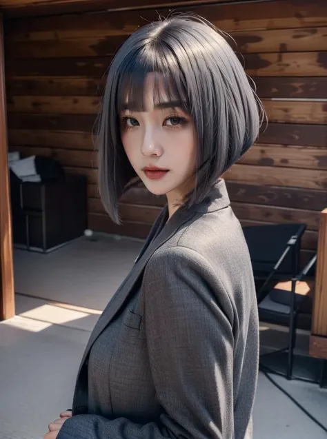 beautiful woman with gray hair (sliced_bob) <lora:sliced_bob-2.0:0.8>,
8k, masterpiece, highly detailed, solo,
(Cabin),
worm's eye view,
standing,
tired,
suit