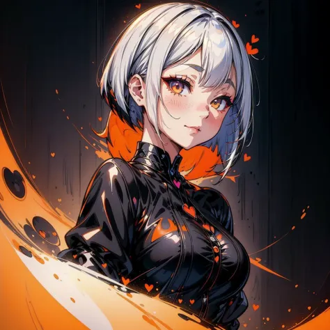 1girl,portrait ,closed mouth,(white hair:1.1),<lora:ProfilePicture_LoRA:0.8>,Profile Picture,(heart shaped eyes:1.1) ,<lora:sliced_bob_1.0:0.8> sliced bob, full body shot, black and orange dress,closed mouth gentle smiling, looking at camera, black and orange neon in background,<lora:add_detail:0.8>, ahegao