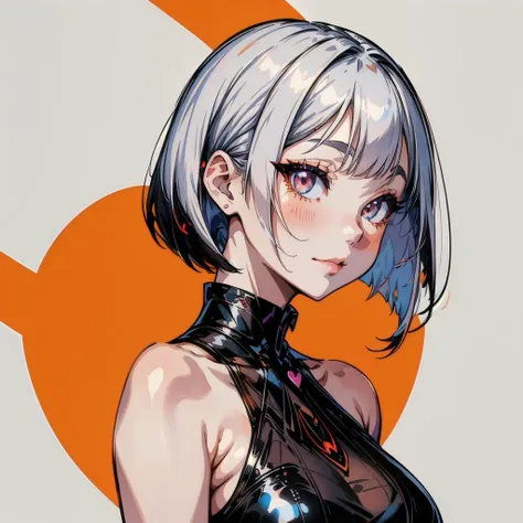 1girl,portrait ,closed mouth,(white hair:1.1),<lora:ProfilePicture_LoRA:0.8>,Profile Picture,(heart shaped eyes:1.1) ,<lora:sliced_bob_1.0:0.8> sliced bob, full body shot, black and orange dress,closed mouth gentle smiling, looking at camera, black and orange neon in background,<lora:add_detail:0.8>, ahegao