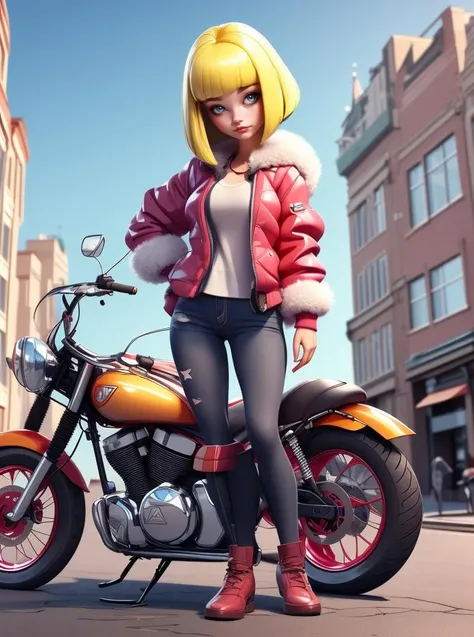beautiful woman with blonde hair (sliced_bob) <lora:sliced_bob-2.0:0.8>,
8k, masterpiece, highly detailed, solo,
(City 17),
zoom shot,
posing with a motorcycle,
bored,
parka with a fur hood