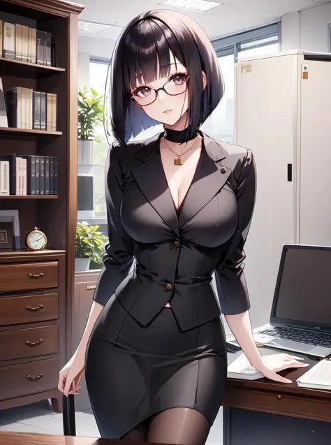 beautiful mature woman with black hair, (sliced bob) <lora:sliced_bob-2.0:0.8>, glasses, head tilt, office lady, suit, pencil skirt, office