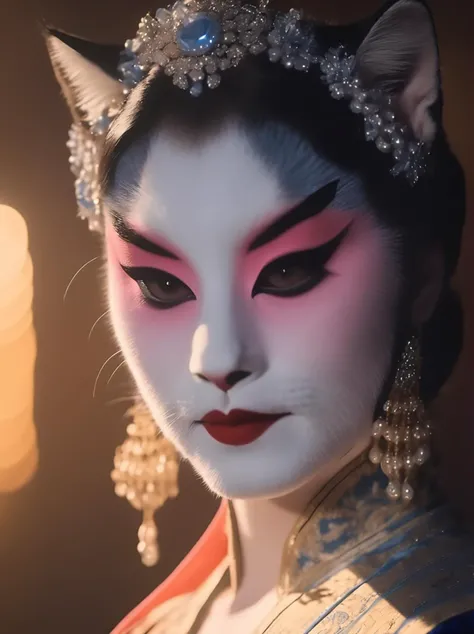 best quality, masterpiece, realistic,8k,  BWBJ , a (cat:1.4) with (make up:1.3) look like a woman,blue eyes,upper body,theater,opera, golden hour, <lora:BWBJ-000004:1>