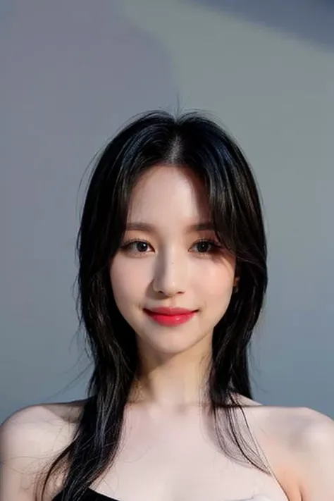 (masterpiece, top quality, best quality, (close-up photograph: 2), ((1girl)), fair skin, (((closed lips))), small eyes, (extremely detailed face), looking straight, ultra-detailed eyes and pupils, ((bare pectorals)), ((bare chest)), bare head, nude dress, (((bare shoulders))), symmetrical frame, ((strapless)), (((smile))), ((symmetrical pose)), looking at viewer, (((looking at viewer))), (symmetrical face: 1.6), 35mm, simple grey background, ((studio lighting)), no watermark, ((long black hair)), wavy hair, <lora:minalorashy:1>