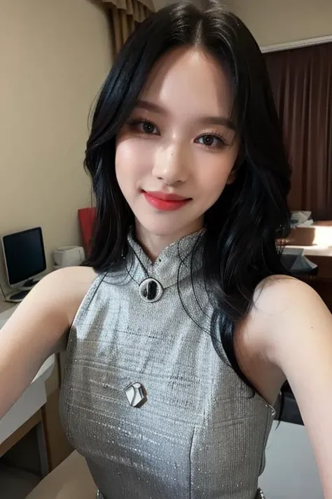 1girl,(masterpiece:1.2), (best quality:1.2), (extremely detailed), selfie from center front, cleavage, (extremely detailed face), (((ultra-detailed eyes and pupils))), broad shoulder, (ultra detailed), 8k, photorealistic, pretty face, instagram shot, instagram style, in the bedroom, looking at viewer, facing front, perfect skin, cinematic lighting, fair skin, black hair, portrait photo, slender, no makeup, nikon RAW photo, 8k ,Fujifilm XT3, photorealistic, detailed face, dark skin, perfect shape, mouth shut, smile, wide face, indoors, sleeveless, dim lighting,(looking at viewer:1.2), <lora:minalorashy:1>