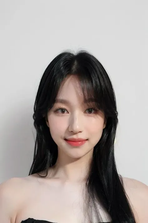 (masterpiece, top quality, best quality, (close-up photograph: 2), ((1girl)), korean, (((wide face))), fair skin, (extremely detailed face), ((looking at viewer)), (ultra-detailed eyes and pupils), ((bare pectorals)), ((bare chest)), ((tube dress)), bare head, ((bare shoulders)), symmetrical frame, ((strapless)), (((smile))), ((closed mouth)), ((symmetrical pose)), (symmetrical face: 1.6), 35mm, ((minimal plain white background)), (((sidepart long hair))), dim lighting, no watermark <lora:harveylorashy:0.85>