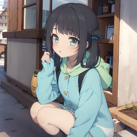 1girl,solo,outdoor,aamiu,black_hair,long_hair,folded_hair,twintails,blue_eyes,hair_rings,bangs,miudress,hoodie,hood,socks,PA.works,port, sea,(buriki), thigh,best shadow, :o
