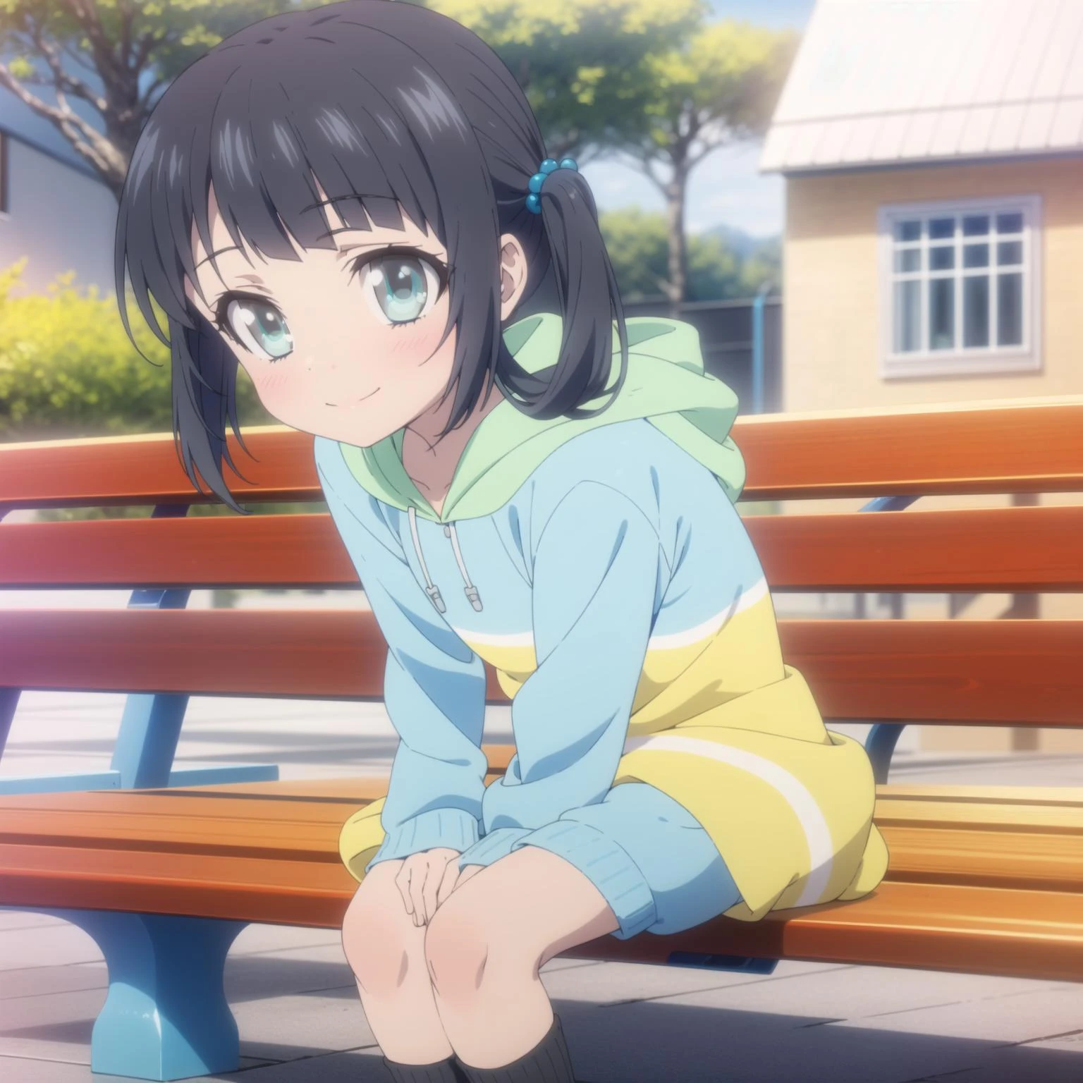 1girl,solo,smile,outdoor,sitting,bench,
<lora:miu5:0.6:0.7:lbw=1,0,0,1,1,1,1,1,1,1,0,0,0,1,0,0,0,1,1,1,1,1,1,1,1,1> ,aamiu,black_hair,long_hair,folded_hair,twintails,blue_eyes,hair_rings,bangs,miudress,hoodie,hood,socks