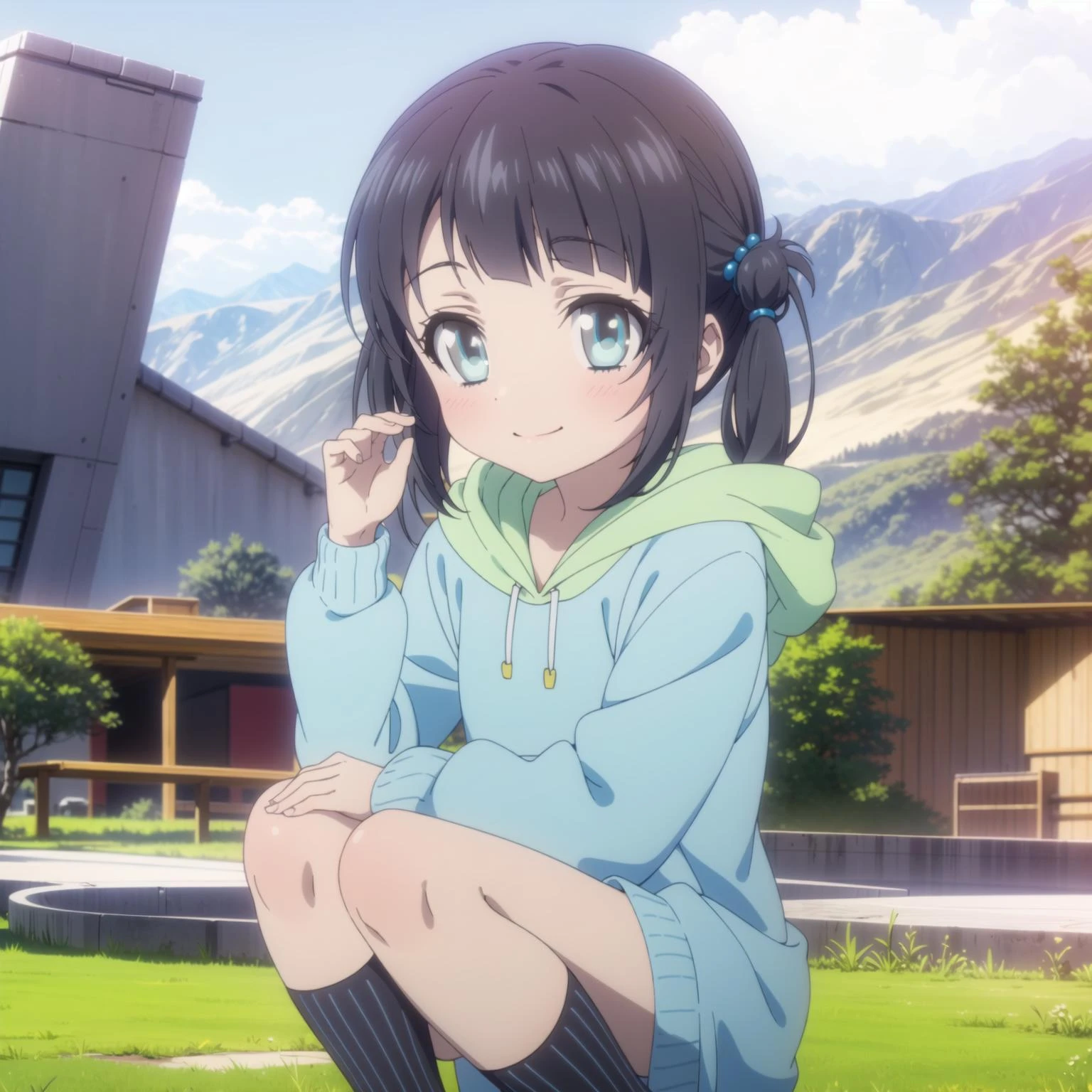 1girl,solo,smile,outdoor,
<lora:miu5:0.6:0.7:lbw=1,0,0,1,1,1,1,1,1,1,0,0,0,1,0,0,0,1,1,1,1,1,1,1,1,1> ,aamiu,black_hair,long_hair,folded_hair,twintails,blue_eyes,hair_rings,bangs,miudress,hoodie,hood,socks