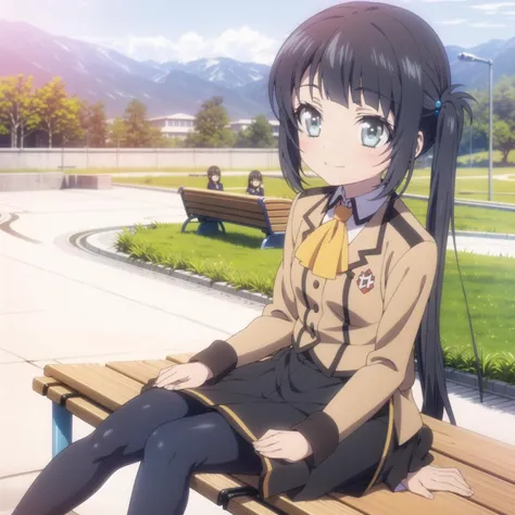 1girl,solo,smile,outdoor,sitting,bench,
<lora:miu5:0.6:0.7:lbw=1,0,0,1,1,1,1,1,1,1,0,0,0,1,0,0,0,1,1,1,1,1,1,1,1,1> ,aamiu,black_hair,long_hair,folded_hair,twintails,blue_eyes,hair_rings,bangs,miuuniform,school_uniform,pantyhose,skirt,black_pantyhose,