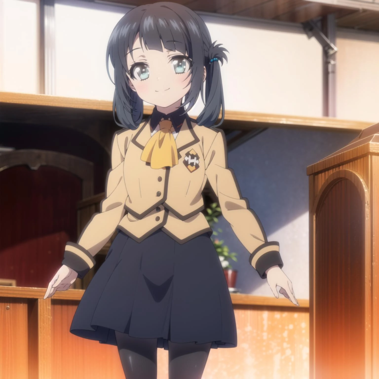 1girl,solo,smile,
<lora:miu5:0.6:0.85:lbw=1,0,0,1,1,1,1,1,1,1,0,0,0,1,0,0,0,1,1,1,1,1,1,1,1,1> ,aamiu,black_hair,long_hair,folded_hair,twintails,blue_eyes,hair_rings,bangs,miuuniform,school_uniform,pantyhose,skirt,black_pantyhose,