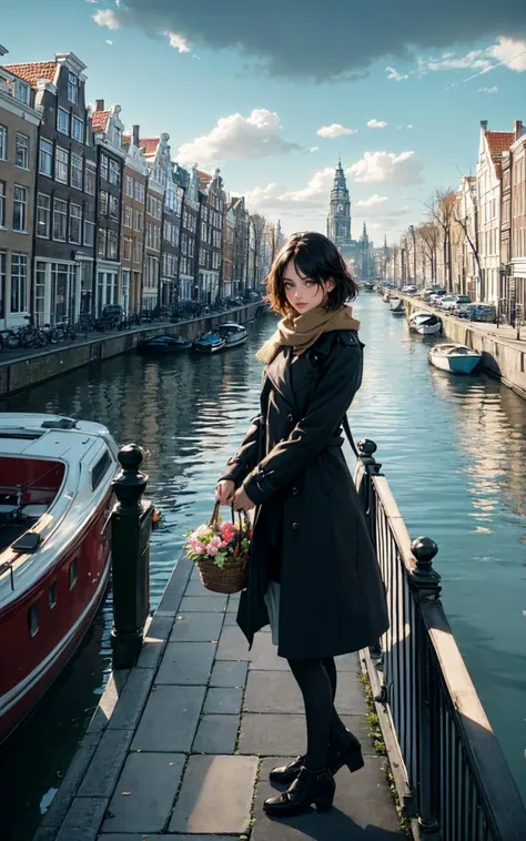([style of Jovana Rikalo, OverallDetail:style of Liam Wong, HairDetail SkinDetail:0.6]:1.5), hdr chiaroscuro, (Layered Depth, Soft focus foreground:1.1),(moody atmospheric cinematic establishing shot of gorgeous seductive woman, highly detailed background:1.5), volumetric lighting, subsurface scattering, dynamic pose, (special effects, color grading, fractal fantasy aura),  (style of Vivian Maier), [quintessential Dutch charm:Amsterdam's vibrant essence:0.7] cityscape, capturing the unique allure of Amsterdam through the day-to-day elegance of a local. Amidst this picturesque setting, a woman emerges as the embodiment of Amsterdam's soul, seamlessly blending the city's historic grace with its lively, contemporary rhythm. Her attire is a ((stylish yet comfortable ensemble)), perfect for cycling along the city's iconic canals. She dons a tailored, waterproof trench coat that whispers sophistication, paired with practical, chic footwear ideal for navigating the cobblestone streets. Her outfit is complemented by a casual scarf, adding a pop of color, and a classic, sturdy bicycle at her side, equipped with a quaint basket filled with fresh tulips. The backdrop features the charming canal houses of Amsterdam, their gabled facades a testament to the city's rich architectural history, standing tall and elegant along the serene waterways. The scene transitions smoothly into the vibrant tulip fields just outside the city, a sea of colors that captures the essence of Dutch beauty in spring. The composition skillfully intertwines Amsterdam's famed cycling culture, as the woman pauses on a bridge over a canal, her bicycle leaning gently against the railing. She takes in the view, a blend of tradition and modernity, her figure a connecting thread between the city's past and its dynamic present. This moment encapsulates the spirit of Amsterdam, where every turn reveals a new facet of its diverse character, from the tranquility of its waterways to the bloom of its countryside, all seen through the eyes of one who calls it home.