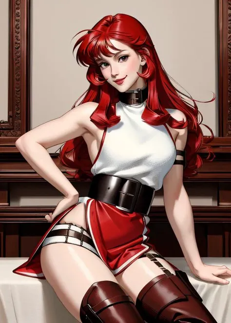 (masterpiece, best quality:1.2), <lora:neonwhite_red:1> Neonred, posing for the front cover of vouge magazine, elegant, sleeveless, waist belt, thigh-high boots, smile, detailed face