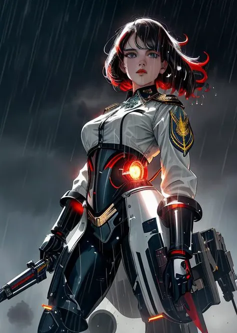 bruna, angelic face, half-length portrait of girl,light eyes, hair raised by the wind, long hair, pale skin, side lighting, high contrast , movement posture, dark background, photo quality, 4K, futuristic, diesel punk, ww1, cccp, red, warhammer, mech on background, battlefield, shadows, rain, fog, red lips <lora:bruna_linzmeyer_v1:1>