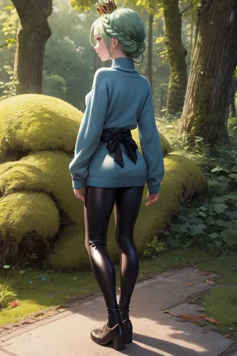 (masterpiece, best quality), 1girl, Moss green Crown Braid Updo with Gem Accessories, small breasts, Medium blue Bow-detail sweater and Faux leather leggings, socks, Standing with hands clasped behind the back.,