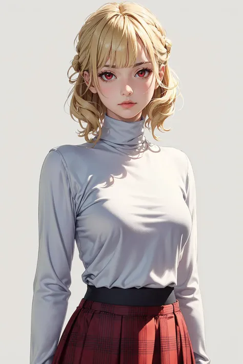 (masterpiece, best quality), upper body, 1girl, solo, mature female, blonde hair, medium hair, updo, blunt bangs, serious, red eyes, closed mouth, lips, turtleneck, long sleeves, plaid skirt, long skirt, standing, legs apart, facing viewer, simple background