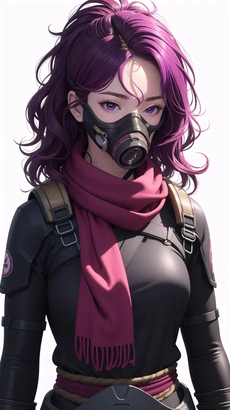 Pretty Japanese ninja with magenta colored hair, (gas mask:1.1), thick hide armor, hyperrealism, photorealistic, 8k, unreal engine, expressive, white background, oni mask, (wavy hair, messy hair:1.2), solo, scarf, (tied hair:1.1),