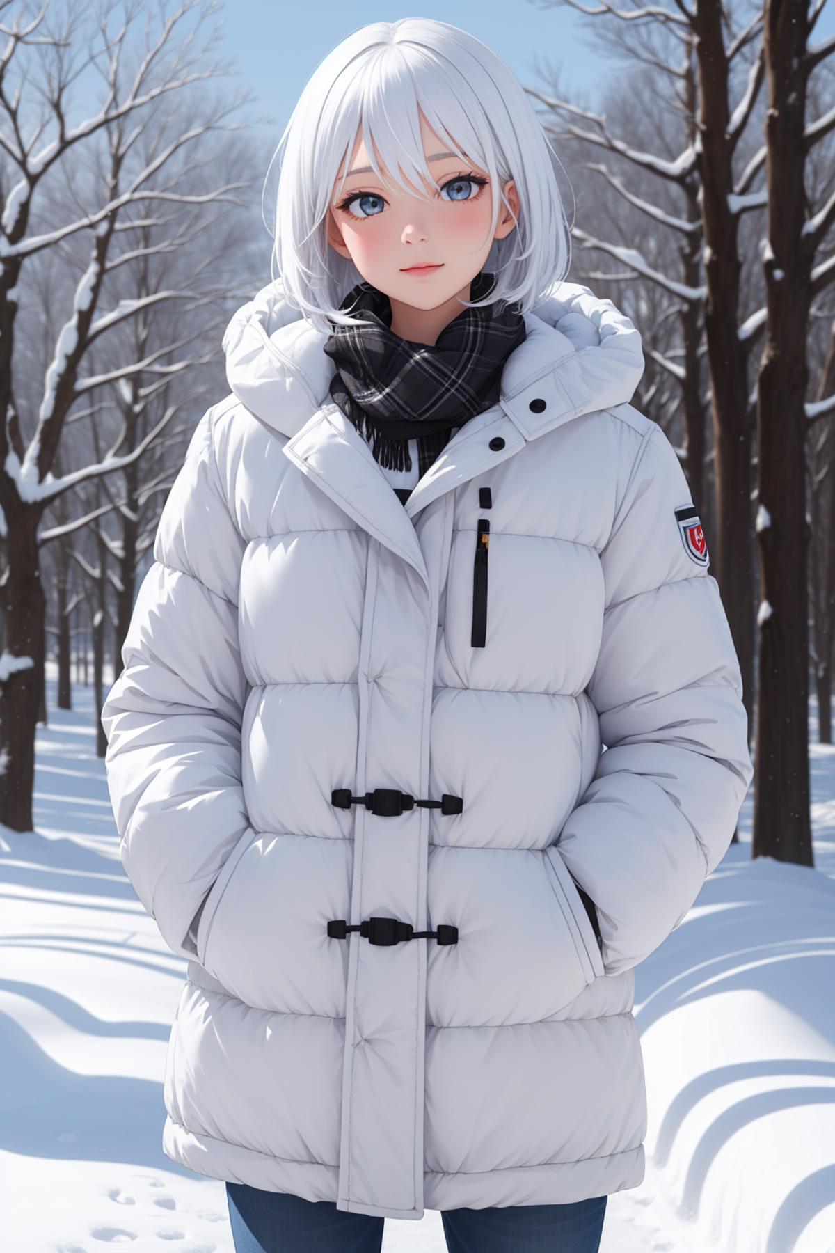 A woman in a white coat standing in the snow - SeaArt AI