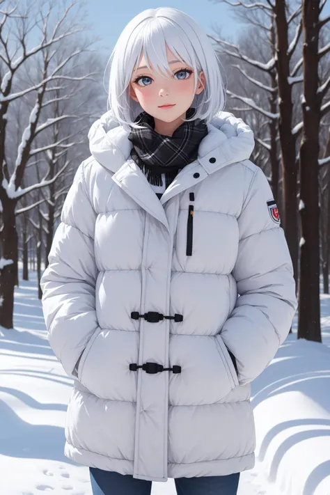 masterpiece, best quality, 1girl, adult, white hair, winter, snow, snowman, white fluffy coat, hands in pockets