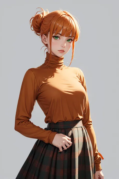 (masterpiece, best quality), upper body, 1girl, solo, mature female, orange hair, medium hair, updo, blunt bangs, serious, green eyes, closed mouth, lips, turtleneck, long sleeves, plaid skirt, long skirt, standing, legs apart, facing viewer, simple background