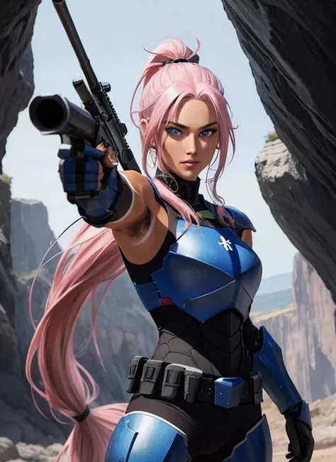 1girl, (tanned skin:1.2), pink hair, (very long hair:1.5), ponytail, blue eyes, dark blue armor knight, trigger discipline, dynamic pose, m4a1,rifle,trigger discipline, cavern background<lora:m4a1:1>