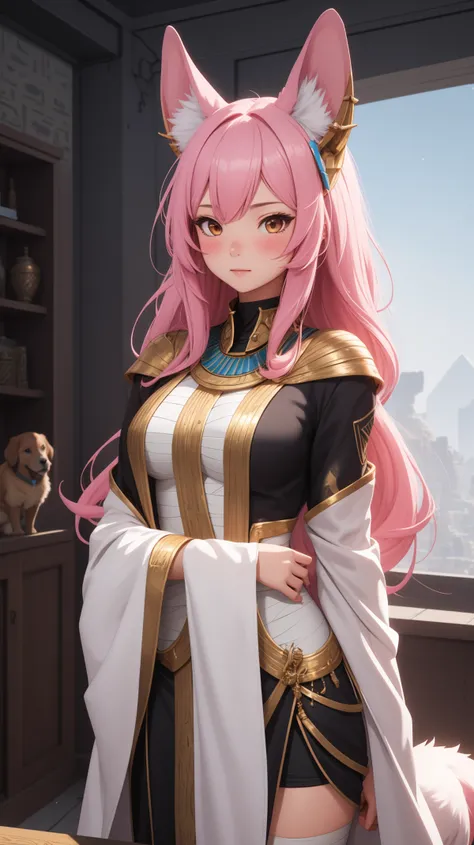 (1girl),long pink hair, Blush,Egypt, Middle East robes, Anubis, covered with (bandages),dog ears,unreal engine,masterpiece, high quality, ultra details,ray tracing,