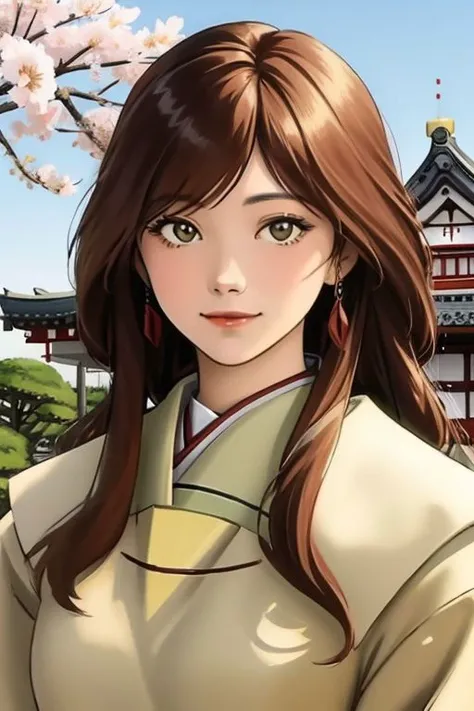 illustration of a beautiful oriental woman, looking at the viewer, dynamic pose, impressionist style, tetradic colors, upper body photo, long straight hair, soft red lipstick, smiling, Japanese high school uniform, school backpack, sakura flowers, Tokyo city, enlarged, expansive, dynamic, better quality, better resolution.