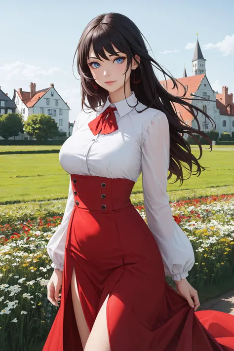 masterpiece, best quality, detailed, 1girl, solo, long hair, blue eyes, red brooch, white and red dress, large breasts, castle, houses, field, breeze