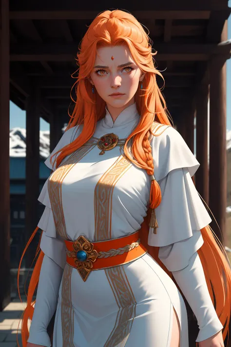 (high quality, best quality, absurdres, highres, masterpiece:1.2), (prehistoric northern europe, scandinavian, norse:1), (middle-aged woman, 1girl, solo, despairing face:1.1), (respectful ruler, wearing majestic attire:1), (orange_eyes:1), (light_blue_hair, very_long_hair, alternate_hairstyle:1), (curvy body:1), (close to sacred palace:1.1),