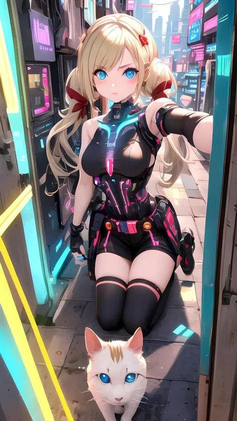 absurdres, highres, 1girl in the style of cyberpunk, medium breast, twintails, red ribbons, SFW, yuna_yunis, selfie, kneeling down, (selfie with a cat), head shot, <lora:yuna_yunis:0.5>, blonde hair, blue eyes, neon_lights, glowing, cyberpunk, futuristic city background, flying cars <lora:Cyberpunk Kit By Cyberscap:0.7>, tareme, <lora:tareme:1>