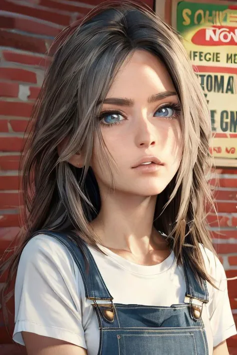 (Masterpiece, best quality, high resolution), cartoon lines, cartoon shading, 1girl, beautiful mature woman, busty petite, tie dye t-shirt, baggy overalls, pretty eyes, brown eyes, sharp jawline, pepper grey hair, fresh hair, indoors, detailed background