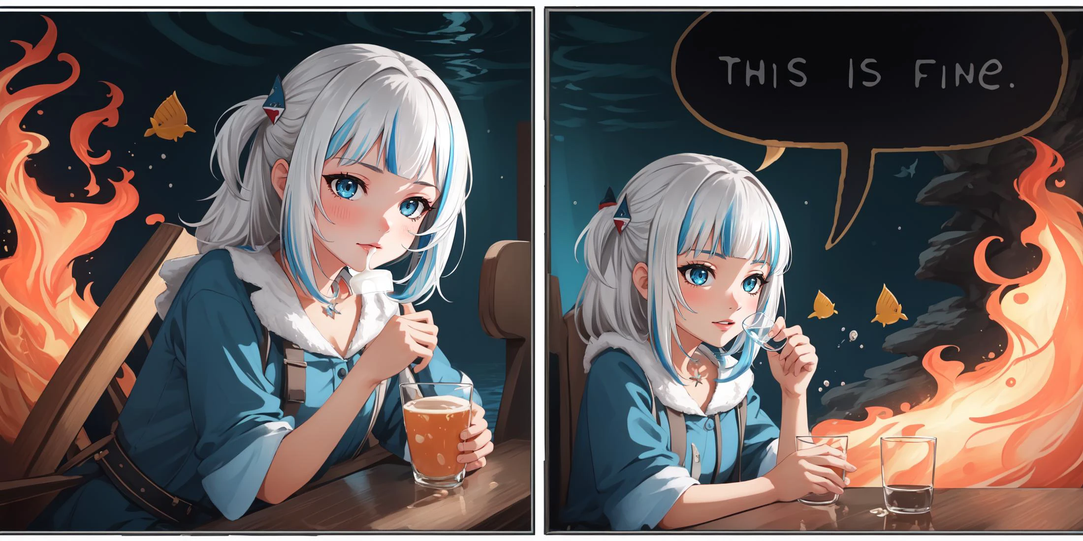 (masterpiece, best quality), intricate details,
1girl, <lora:gawr1-000006 (numeratic):0.8> gawrdef, gawrrnd
<lora:ThisIsFineMeme:0.8> IncrsThisIsFineMeme, solo,fire, underwater, coral, holding glass of milk, sitting in chair,