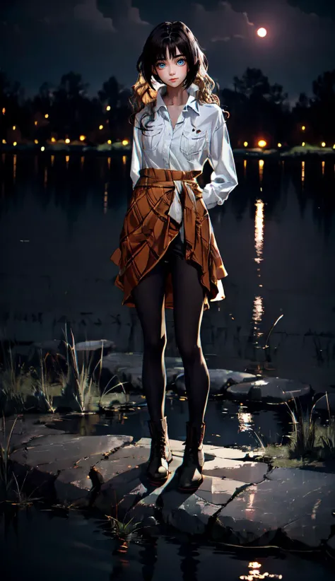 (night:2), cloudy sky, (City street lights in the distance,a small lake behind her:1.5), (Layered Depth, Soft focus foreground:1.1), (moody atmospheric cinematic establishing shot of gorgeous seductive woman, highly detailed background:1.5), volumetric lighting, subsurface scattering, dynamic pose, (special effects, color grading, fractal fantasy aura), <lora:add_detail:0.5>, 
1girl, (Standing on the stone step:1.3), light_particles, <lora:KiraKiraEffect_v1:0.6>, 
medium breasts, (orange wrap-around skirt, white shirt:1.2), 
(full body,full frontal,cowboy shot,looking at viewer:1.3), (Hands on Waist:1.2), 
(long wavy brown hair:1.3), hairygirls69420, <lora:hairygirls:0.6>, <lora:hairdetailer:-1>, 
combat boots, (tutubd, black pantyhose:1.1), <lora:å¾å¾çå¨ä¸ï¼5Dæ³¢å¡åç¹é»è²è¿è£¤è¢ä¸è¢ï¼_v1.0:0.6>,