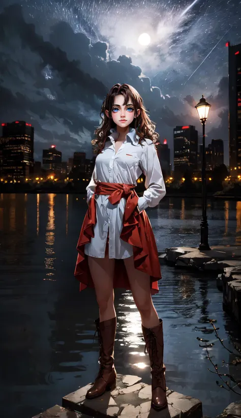 (night:2), cloudy sky, (City street lights in the distance,a small lake behind her:1.5), (Layered Depth, Soft focus foreground:1.1), (moody atmospheric cinematic establishing shot of gorgeous seductive woman, highly detailed background:1.5), volumetric lighting, subsurface scattering, dynamic pose, (special effects, color grading, fractal fantasy aura), <lora:add_detail:0.5>, 
1girl, (Standing on the stone step:1.3), 
medium breasts, (orange_red wrap-around skirt, white shirt:1.2), 
(full body,full frontal,cowboy shot,looking at viewer:1.3), (Hands on Waist:1.2), 
(long wavy brown hair:1.3), hairygirls69420, <lora:hairygirls:0.6>, <lora:hairdetailer:-1>, 
combat boots,