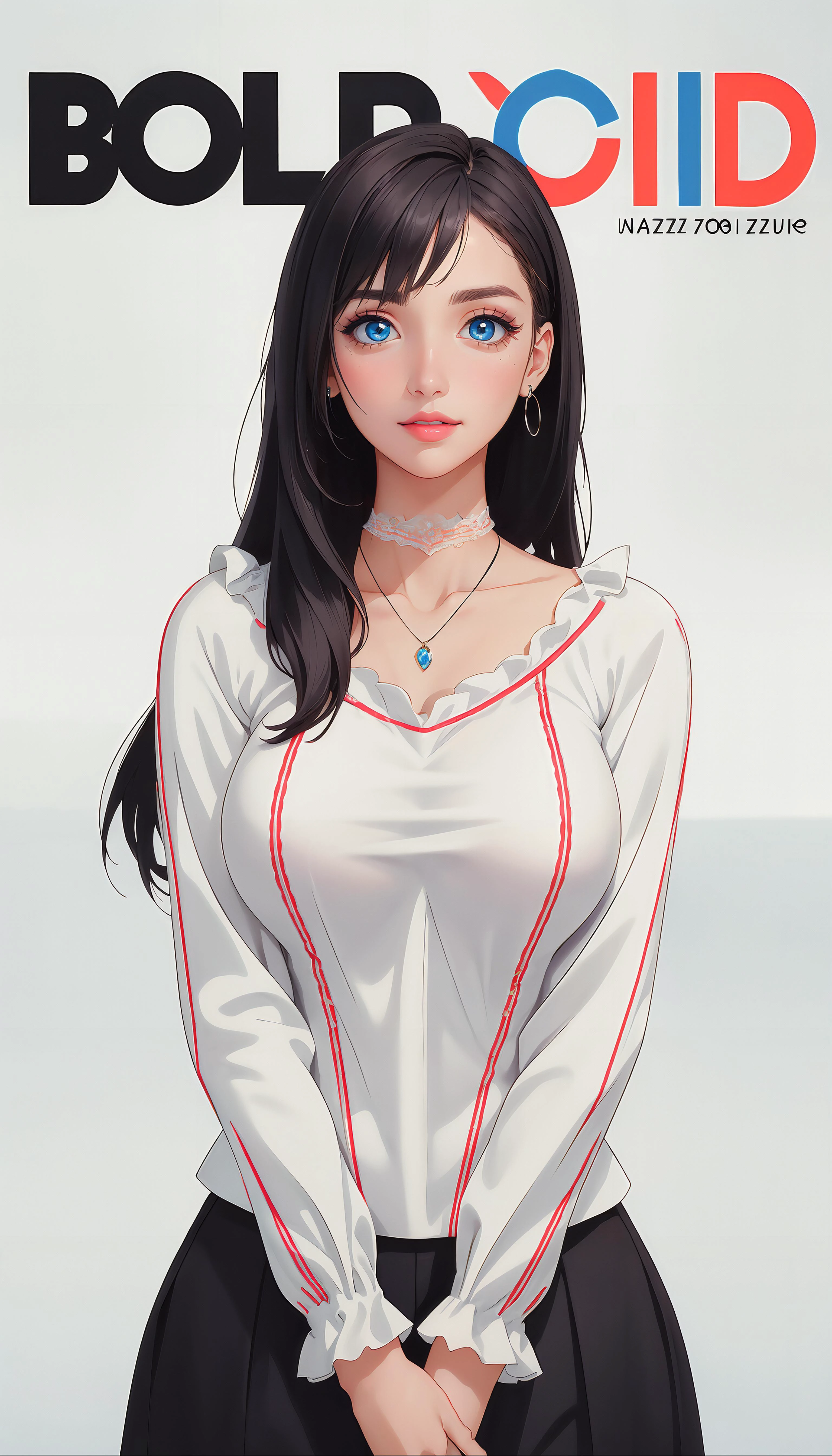 white background, simple background ADDCOMM
(masterpiece, realistic:1.3), (extremely intricate:1.2), (photorealistic:1.4), (extremely delicate), (ultra realistic:1.3), hyperrealistic photography, extremely detailed, edge quality, 8k resolution, UHD, HDR, RAW photo, dslr, realistic LUT, cinematic LUT, (best quality:1.3), absurdres, <lora:ostris_HDhelper_v10:0.1>, <lora:ostris_detailSlider_v40:1.1>, <lora:jujoHotaru_hyperrefiner_v090:1>, <lora:envy_betterhands_beta2:1.2>, ADDBASE,
extremely detailed magazine cover-style digital painting, (magazine cover-style:1.3), adding a touch of fantasy to the scene, the text on the cover should be bold and attention-grabbing, with the title of the magazine and a catchy headline, the overall style should be modern and trendy, with a focus on fashion and fantasy, helvetica-bold ADDROW
(pale skin, detailed skin:1.3, Glossy skin + Shiny skin:1.1, Bright_Front_face_Lighting), exquisite stud earrings, necklace, lace choker, gigantic breasts, perfect hands, perfect fingers, skinny body, fit body, slim, standing at attention, focus on face, official art, mugshot, close-up portrait, female pov, <lora:kisaku_helterSkelter_miuKagami_v10:0.7>, blue eyes, black hair, bangs, long hair, makeup, red lipstick, office suit, white shirt, frills, pink ribbon, long sleeves,