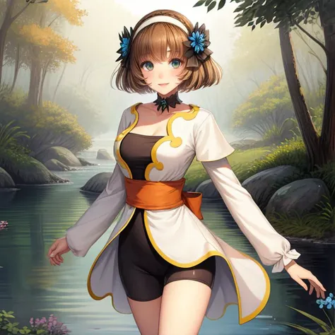cowboy shot, solo, <lora:leiaRolando:0.7> leia_rolando, brown hair, green eyes, hairband, short hair, flower, hair ornament, hair flower, ribbon, coat, detached collar, choker, white coat, long sleeves, sash, bare legs, bike shorts, black shorts, black top, collarbone, outdoors, forest clearing, pond, smile, looking at viewer, <lora:goodHandsV2Str1:1> good hands, perfect hands, (masterpiece, best quality)