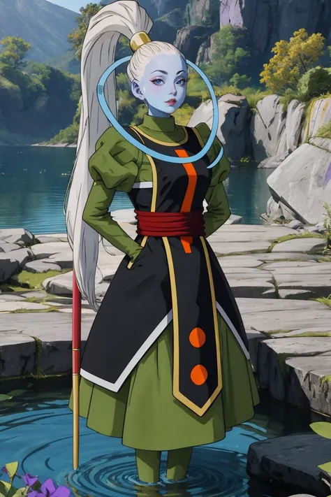 (masterpiece, best quality), intricate details, 1girl,
ANIME_DragonBallSuper_Vados_ownwaifu, www.ownwaifu.com,
colored skin, long hair, white hair, blue skin, ponytail, purple eyes, hair pulled back, high ponytail, very long hair, lipstick, makeup, purple lips, alien,
puffy sleeves, long sleeves, dress, juliet sleeves, red sash, sash, jewelry, hair ornament, green skirt, green dress,
<lora:ANIME_DragonBallSuper_Vados_ownwaifu-15:1>
wading, water, outdoors,