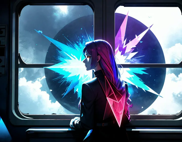 three cornered window, back of head shot of (woman looking out of triangle window:1.1), 3rd person, Looking out the triangular window of a (train:1.1) with triangular windows, triangular windows and triangular, wheels, in a fantasy world,
psychedelic, geometric, vivid light, high contrast, triadic colors, dark shadows, explosions, nuclear mushroom cloud, nuclear explosion, dystopian nightmare,
(beautiful composition),
21 yo woman,