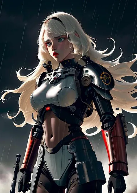 bruna, angelic face, half-length portrait of girl,light eyes, hair raised by the wind, long hair, pale skin, side lighting, high contrast , movement posture, dark background, photo quality, 4K, futuristic, diesel punk, ww1, cccp, red, warhammer, mech on background, battlefield, shadows, rain, fog, red lips <lora:bruna_linzmeyer_v1:1>